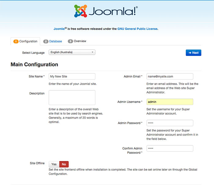 joomla installation language
