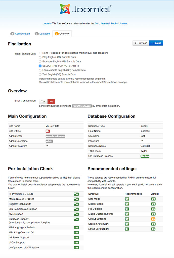 joomla installation database