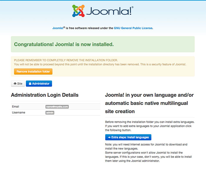 joomla installation sample data installed