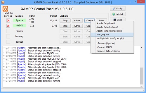xampp php settings for wordpress
