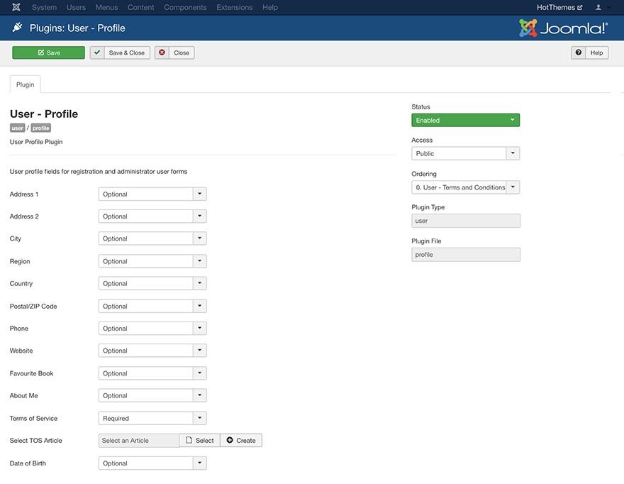 Activate additional fields in Joomla registration form in User - Profile plugin