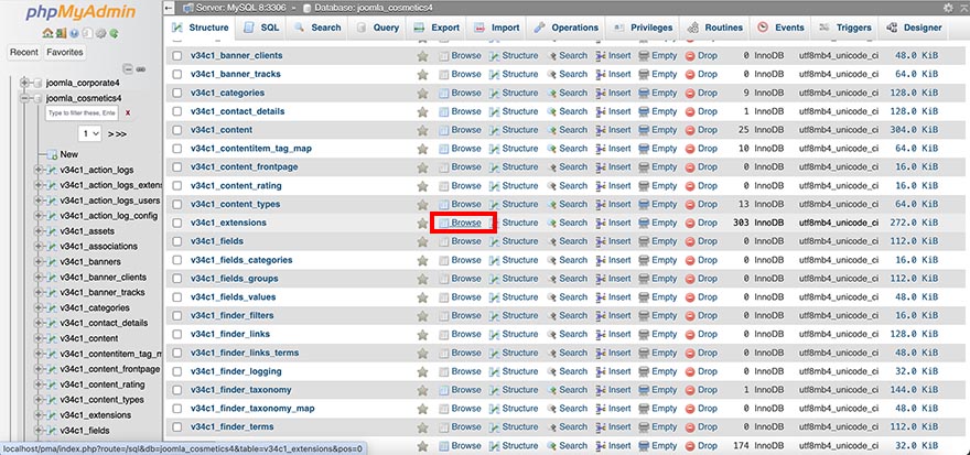 Locating Joomla Extensions table