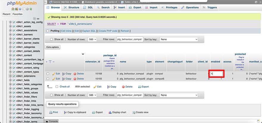 Re-enabling the Backward Compatibility plugin in database