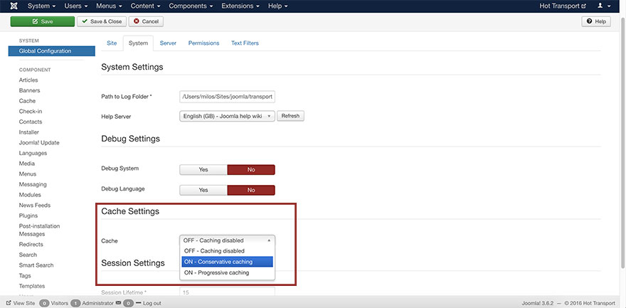 Enabling Joomla cache