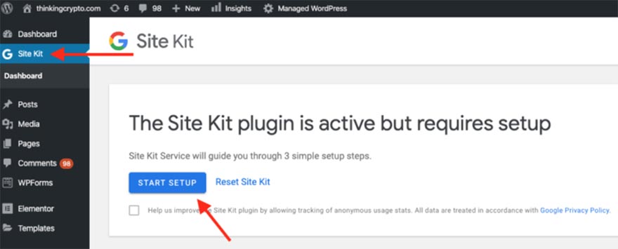 Set-up of Google Site Kit