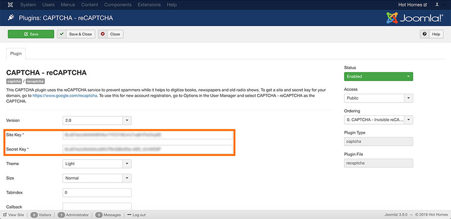reCAPTCHA Joomla plugin settings