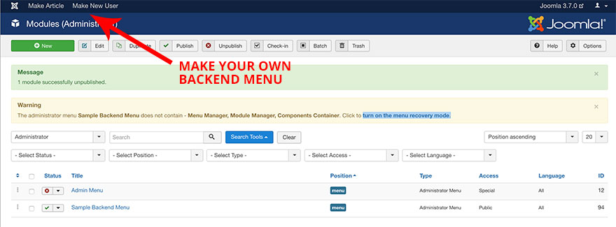 Joomla backend menu editor
