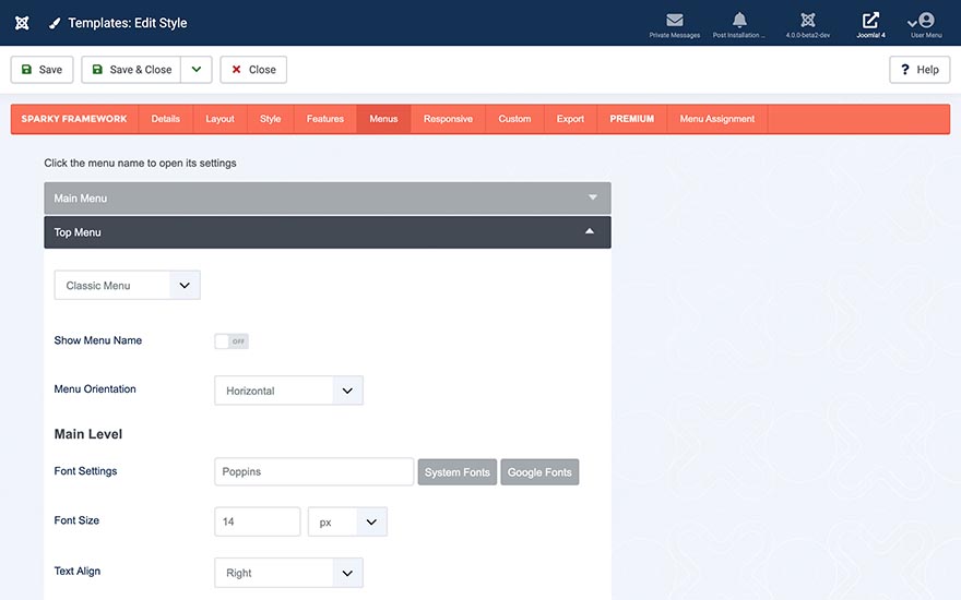 The Menus Settings on Joomla 4