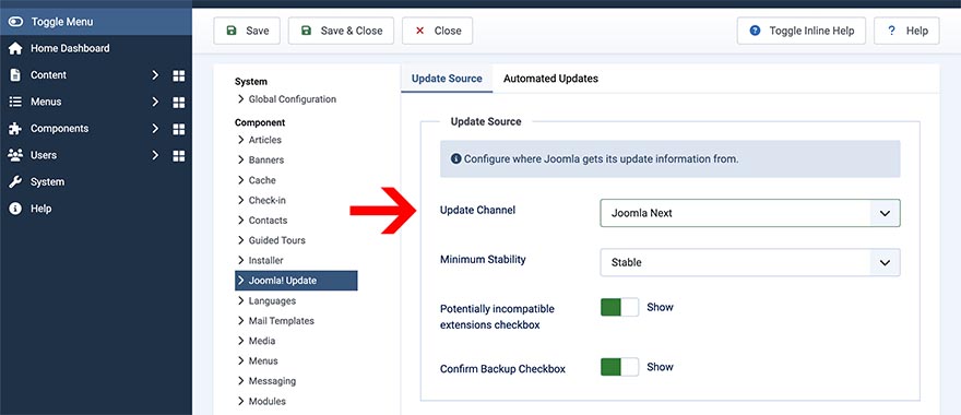 Configure Joomla Update Component