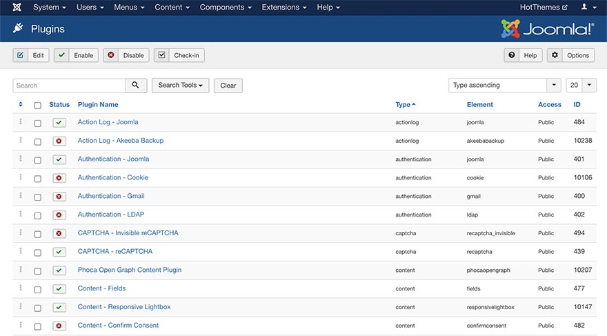 Joomla plugins manager