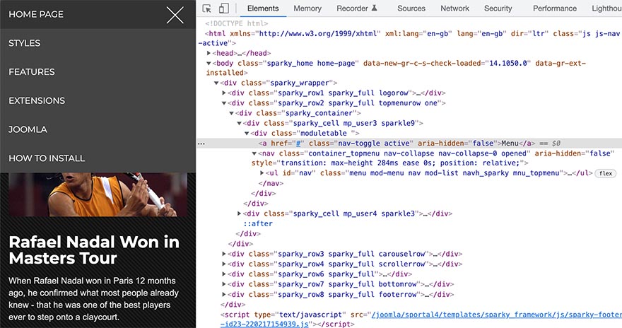 Mobile menu in the Sportal template