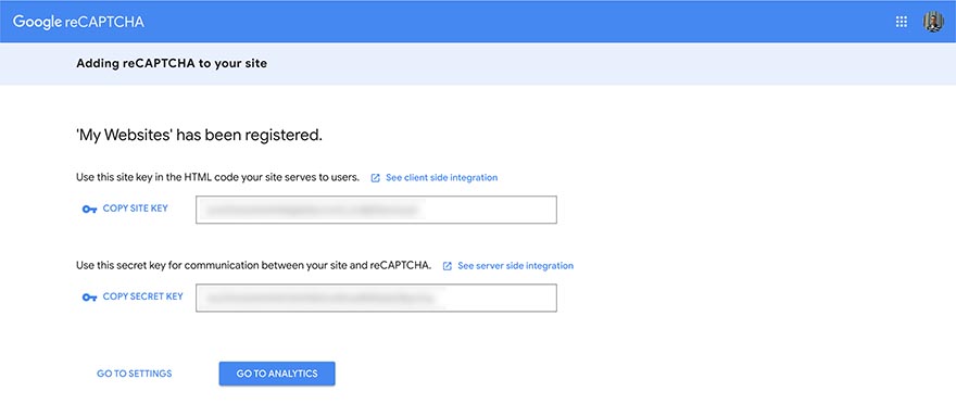 reCAPTCHA site keys