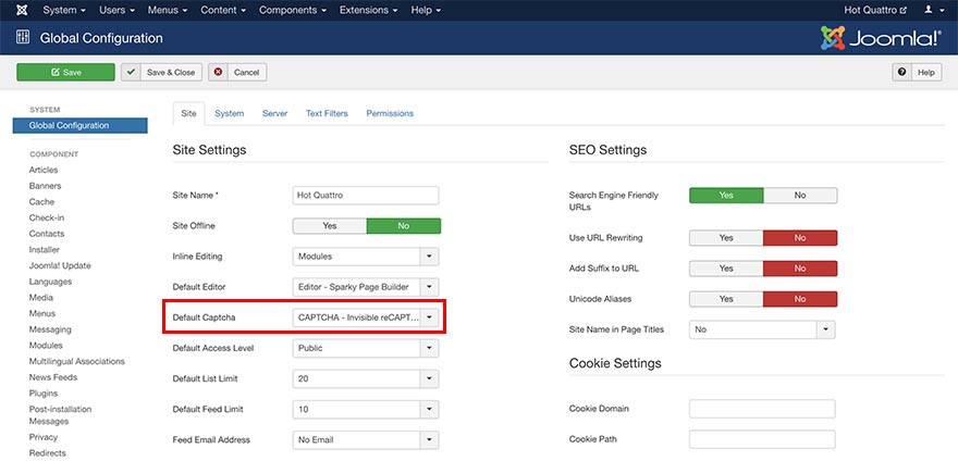 reCAPTCHA Global Joomla settings