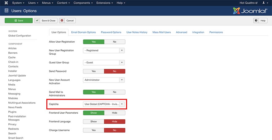 reCAPTCHA Joomla users options