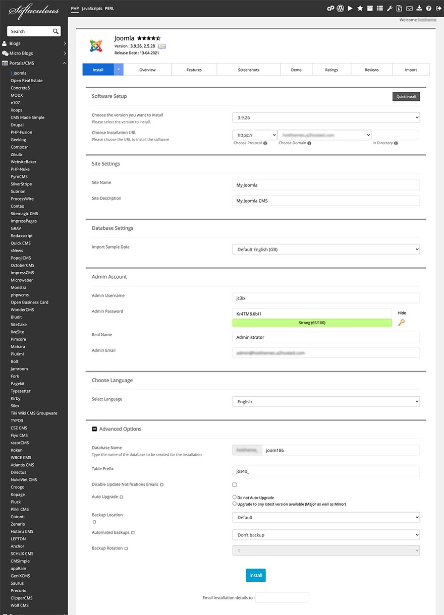 Joomla in Softaculous configuration