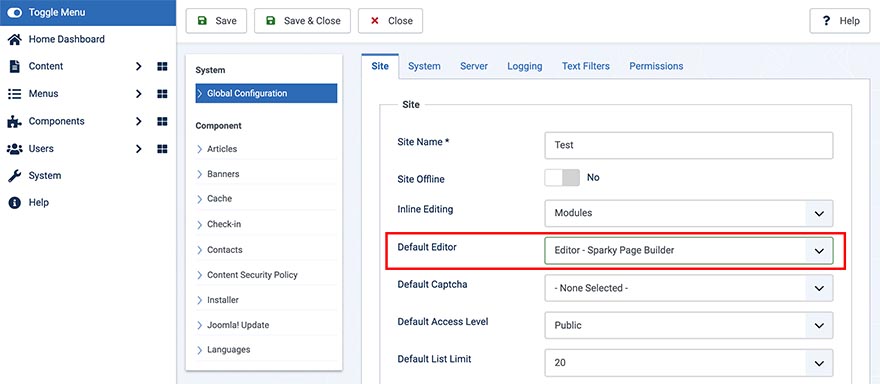 Select editor in the global configuration of Joomla
