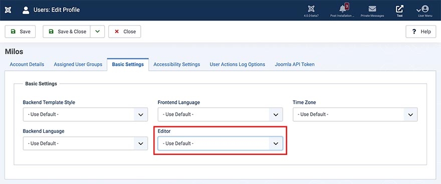Select editor for Joomla user