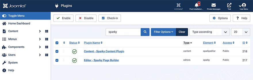 Page builder plugins published status