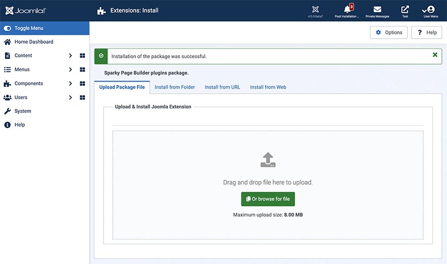 Sparky Page Builder package installation