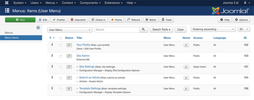 Create Joomla Menu Items