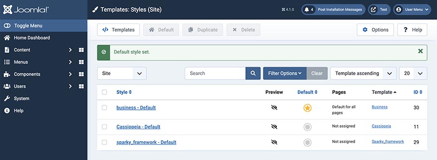 Joomla template activation