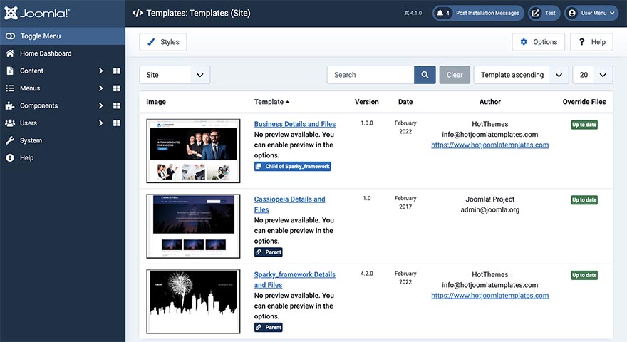 Joomla parent and child templates