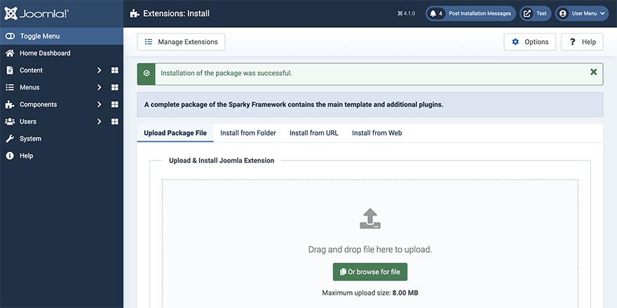 Joomla template package successfully installed