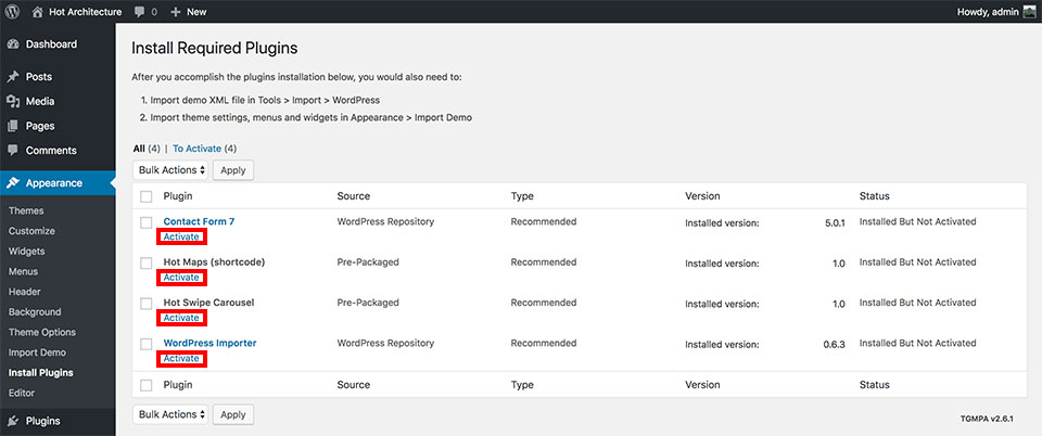 Activate Architecture theme plugins