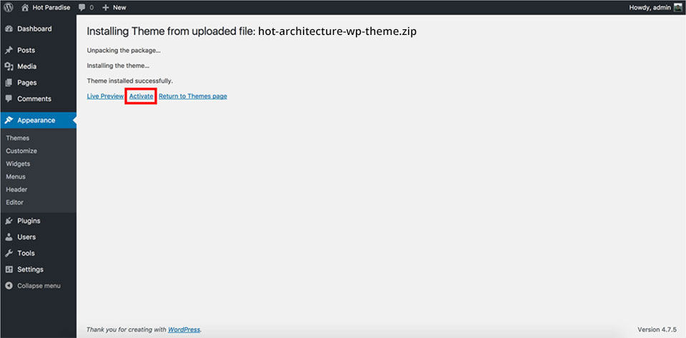 Activate Architecture theme