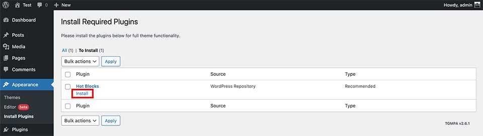 Install additional plugins for the block theme