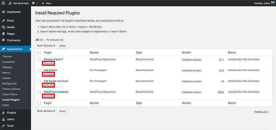 Activate plugins for Business theme