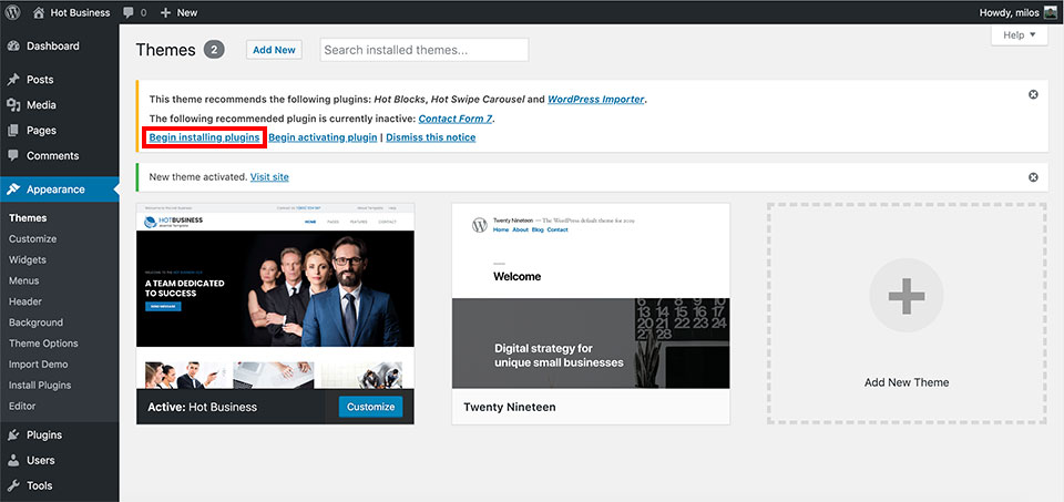 Begin installing plugins for the Business theme
