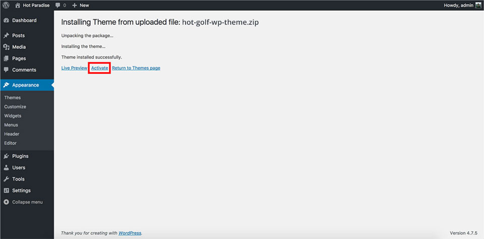 Golf theme installation - Activate theme