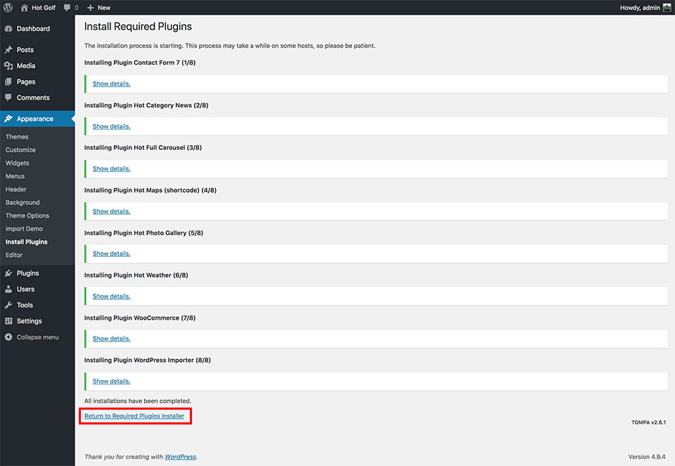 Golf theme installation - Return to plugins installer