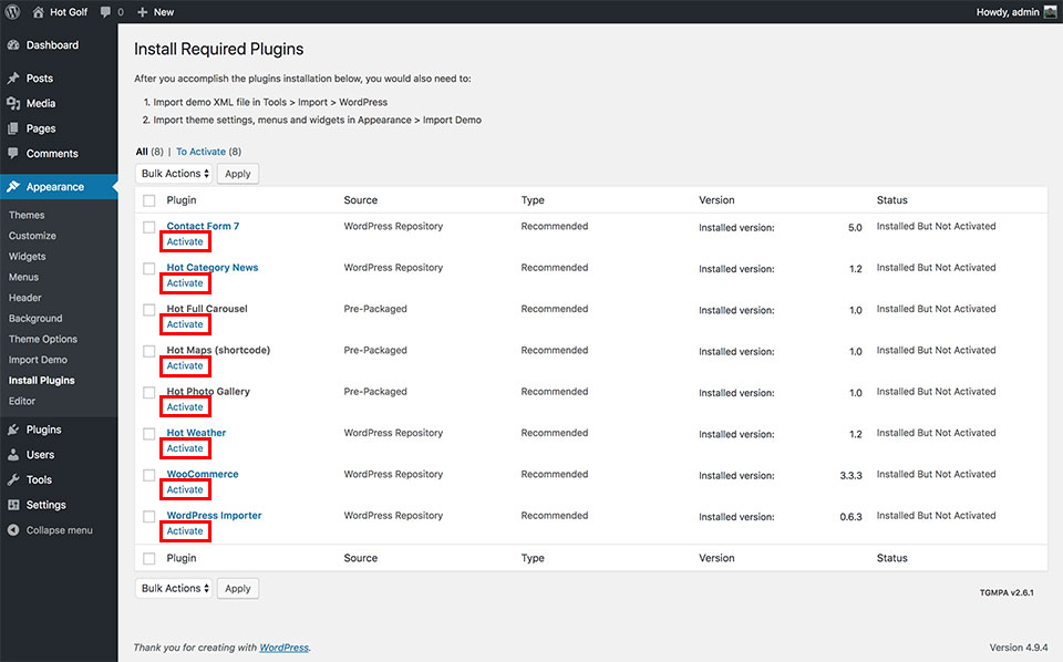 Golf theme installation - Activate plugins