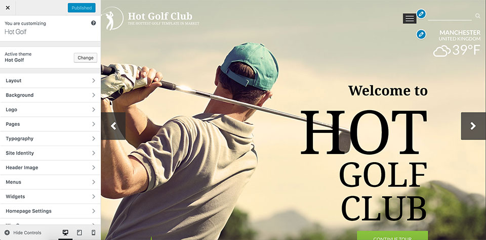 Golf theme installation - Customizer