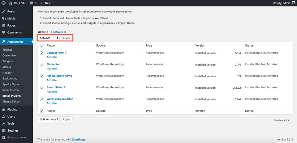 HVAC Theme Activate Plugins