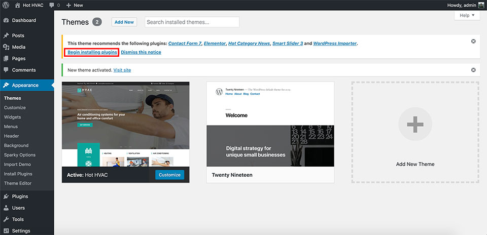 HVAC Theme Begin Installing Plugins