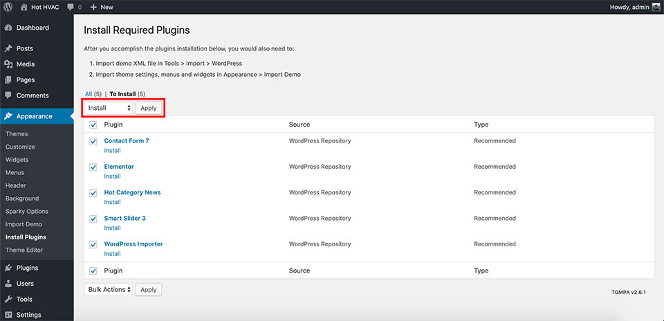 HVAC Theme Install Plugins