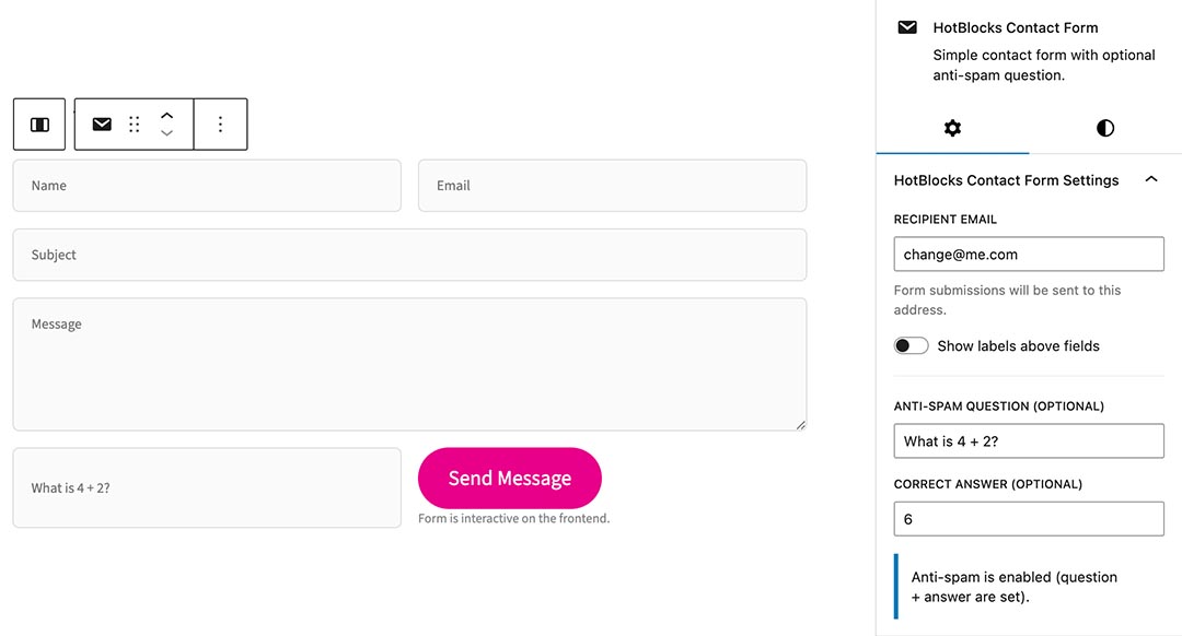 Contact form block plugin editor view