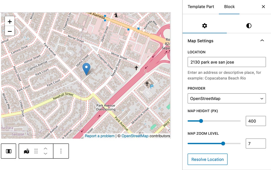 Maps block plugin in editor