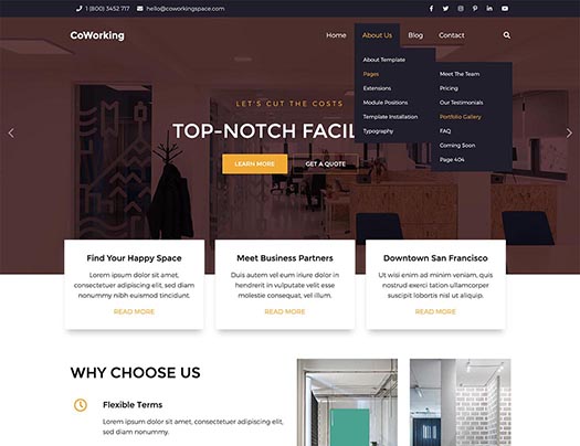 Drop-down multilevel menu in the Coworking template