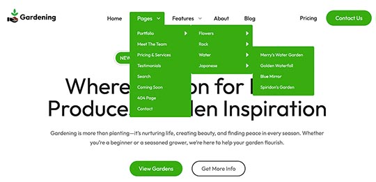 Drop-down menu in the Gardening Joomla template