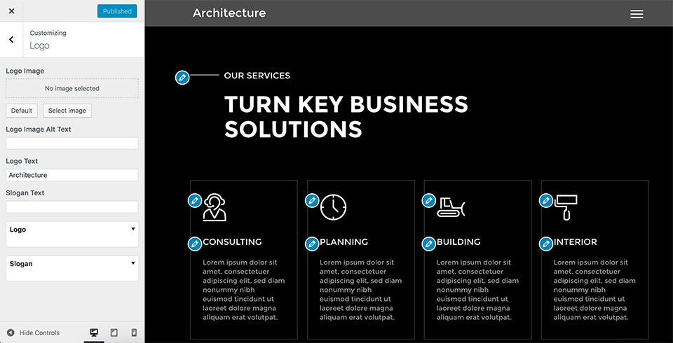 WordPress Customizer in Architecture theme