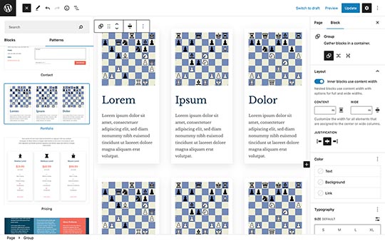 Block patterns bundled in the Chess theme