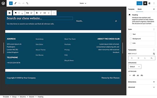 Footer template part for Chess theme