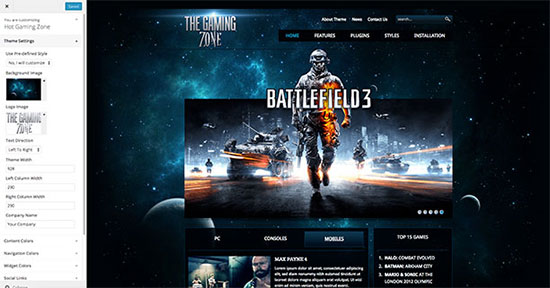WordPress Customizer in the Gaming Zone theme