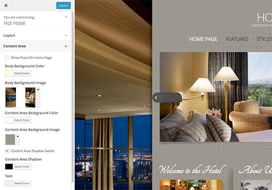 WordPress Customizer in the Hotel theme