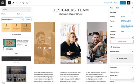 Block patterns bundled in Marketing Agency theme