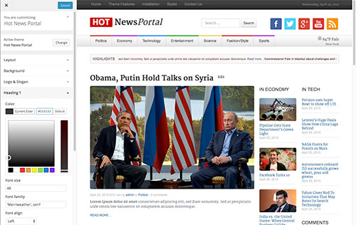 WordPress Customizer in the News Portal theme